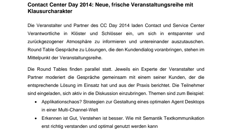 Contact Center Day 2014: Neue, frische Veranstaltungsreihe mit Klausurcharakter 