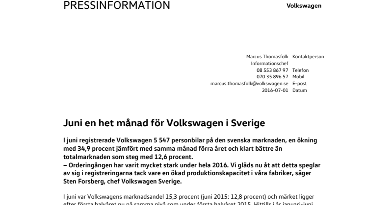 Juni en het månad för Volkswagen i Sverige