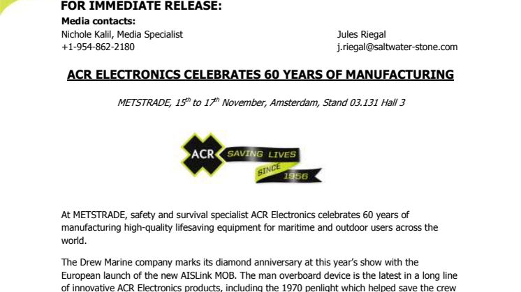 ACR Electronics: METSTRADE - ACR Electronics Celebrates 60 Years of Manufacturing