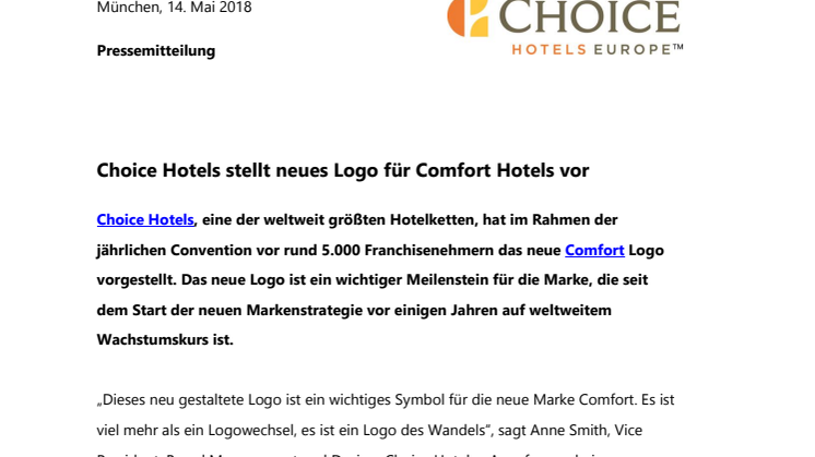 Choice Hotels stellt neues Logo für Comfort Hotels vor