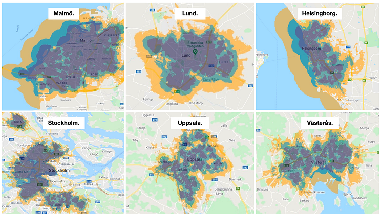 Tres täckningskartor för 5G.