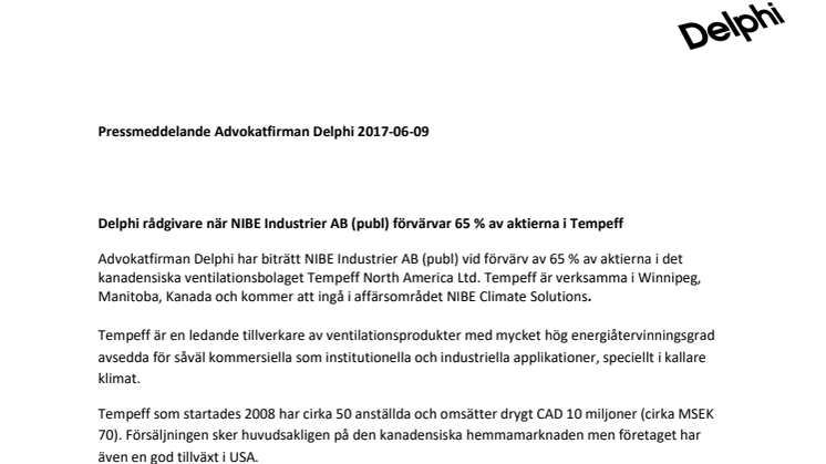 Delphi rådgivare när NIBE Industrier AB (publ) förvärvar 65 % av aktierna i Tempeff