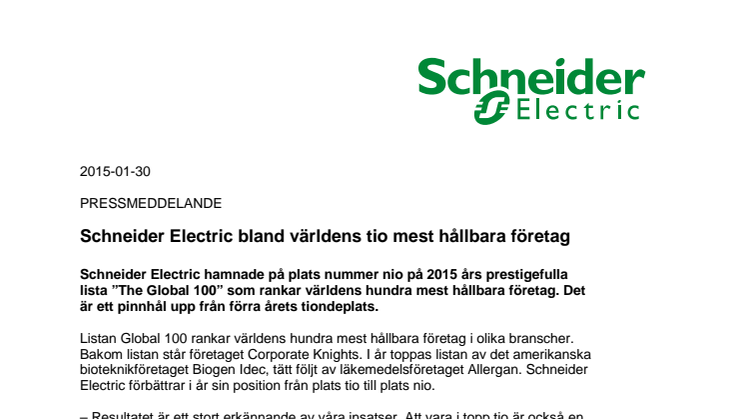 Schneider Electric bland världens tio mest hållbara företag