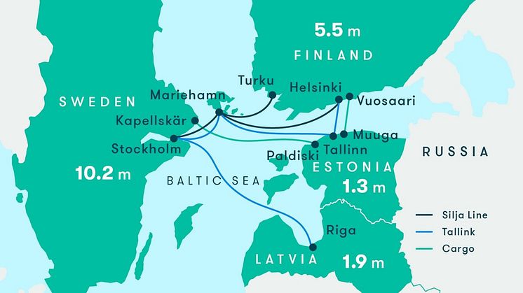 Nuvarande ruttkarta för Tallink och Silja Line