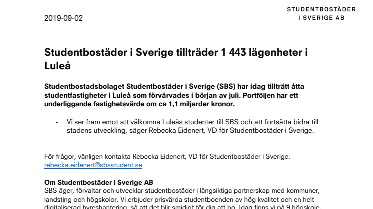 Studentbostäder i Sverige tillträder 1 443 lägenheter i Luleå
