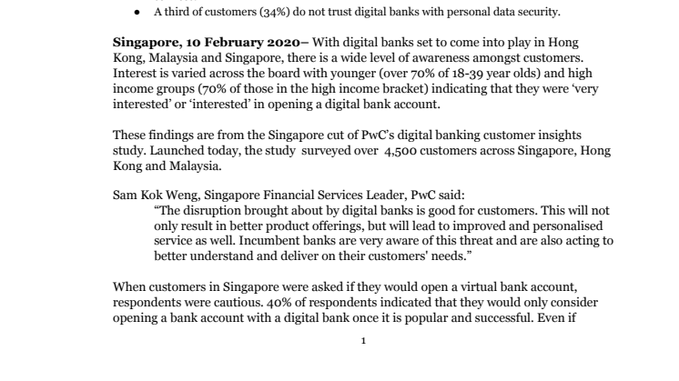 Majority of customers likely to stick to existing primary banking relationship after opening digital bank accounts, PwC study