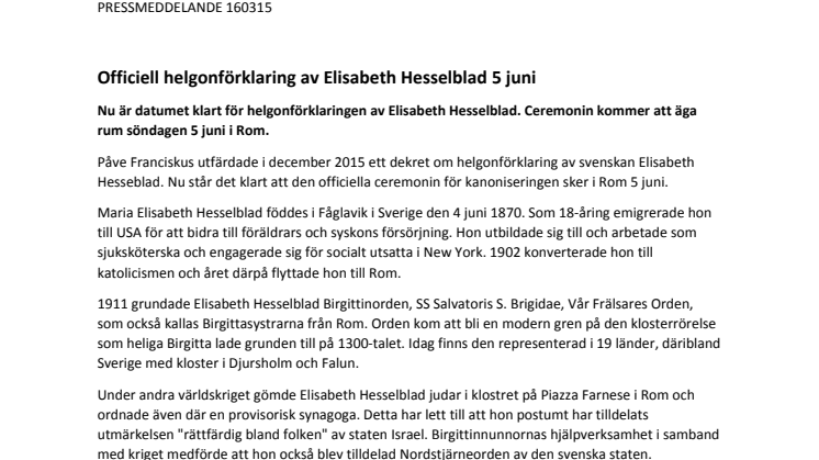Officiell helgonförklaring av Elisabeth Hesselblad  5 juni