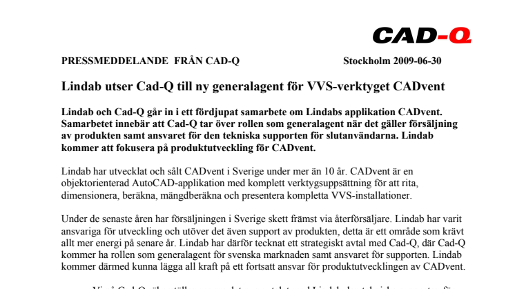Lindab utser Cad-Q till ny generalagent för VVS-verktyget CADvent