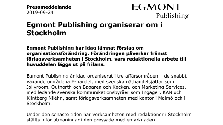 Egmont Publishing organiserar om i Stockholm