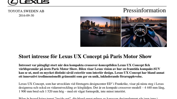 Stort intresse för Lexus UX Concept på Paris Motor Show