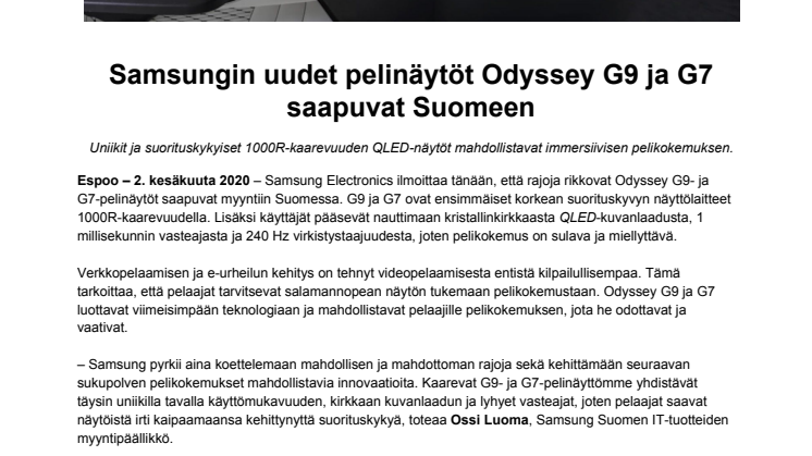 Samsungin uudet pelinäytöt Odyssey G9 ja G7 saapuvat Suomeen