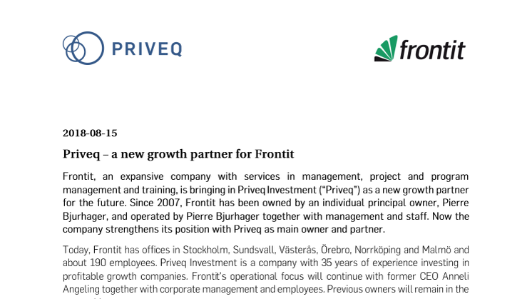 Priveq - a new growth partner for Frontit