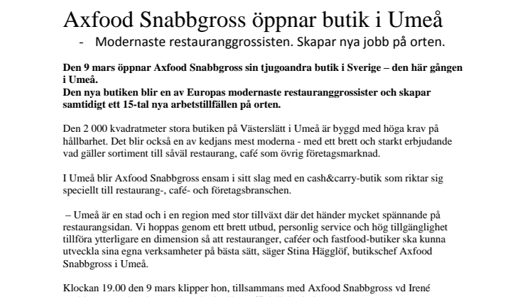 Axfood Snabbgross öppnar butik i Umeå