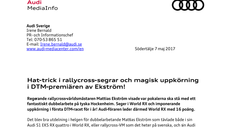 Hat-trick i rallycross-segrar och magisk uppkörning i DTM-premiären av Ekström