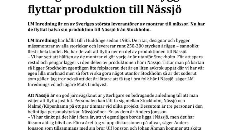 Sverigeledande monterbyggare flyttar produktion till Nässjö 