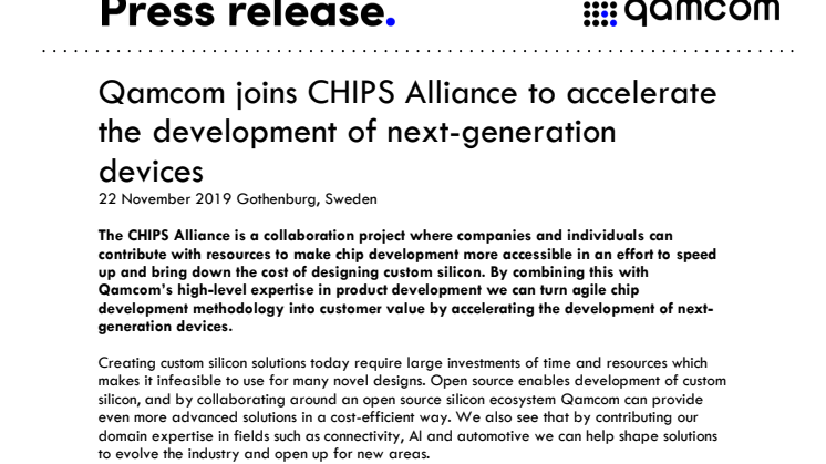 Qamcom joins CHIPS Alliance to accelerate the development of next-generation devices