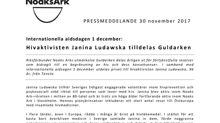 Internationella aidsdagen 1 december: Hiv aktivisten Janina Ludawska tilldelas Guldarken