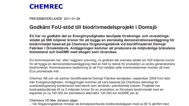 Godkänt FoU-stöd till biodrivmedelsprojekt i Domsjö
