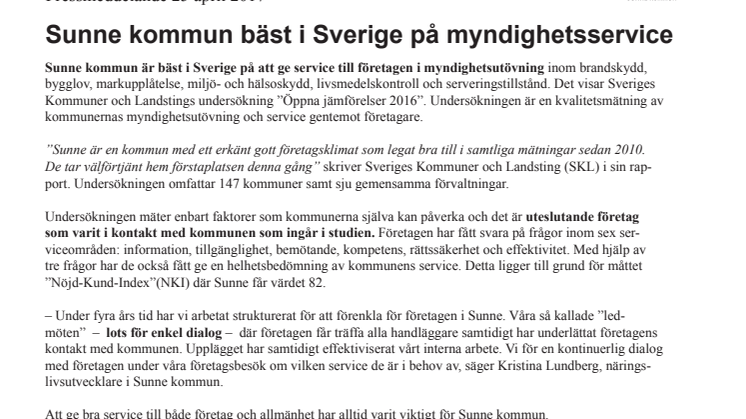 Sunne kommun bäst i Sverige på myndighetsservice