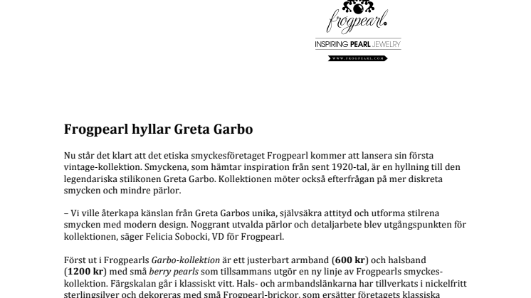 Frogpearl hyllar Greta Garbo i höstens pärlkollektion