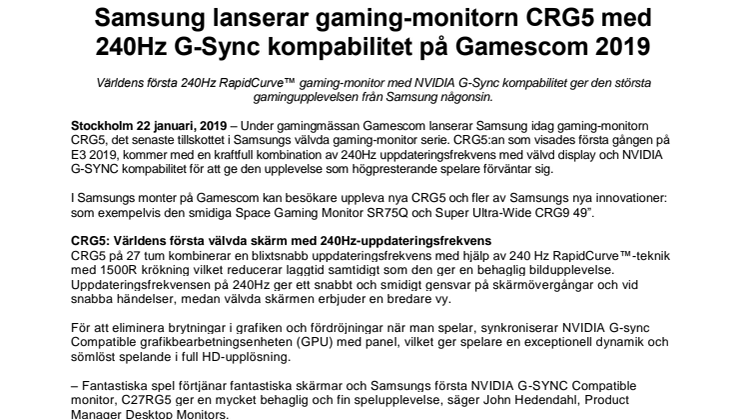 Samsung lanserar gaming-monitorn CRG5 med 240Hz G-Sync kompabilitet på Gamescom 2019