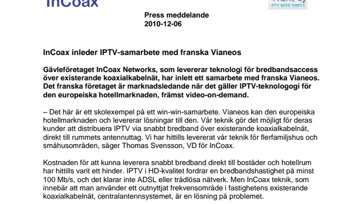 InCoax inleder IPTV-samarbete med franska Vianeos