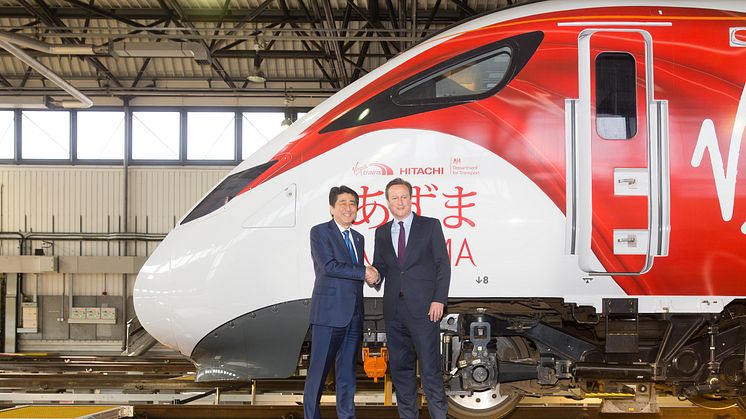 Japanese Prime Minister Shinzo Abe and UK Prime Minister David Cameron visit Hitachi Train Maintenance Centre