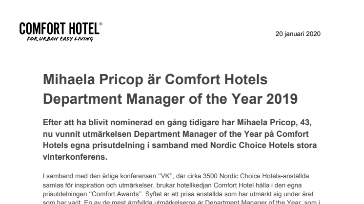 Mihaela Pricop är Comfort Hotels Department Manager of the Year 2019