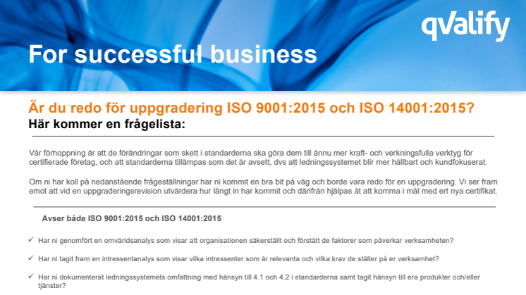 Är du redo för uppgradering ISO 9001:2015 och ISO 14001:2015?