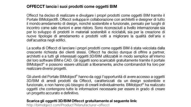 OFFECCT lancia i suoi prodotti come oggetti BIM 