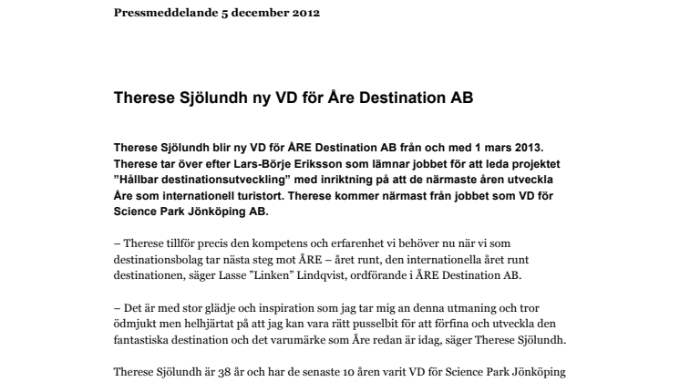 Therese Sjölundh ny VD för Åre Destination AB
