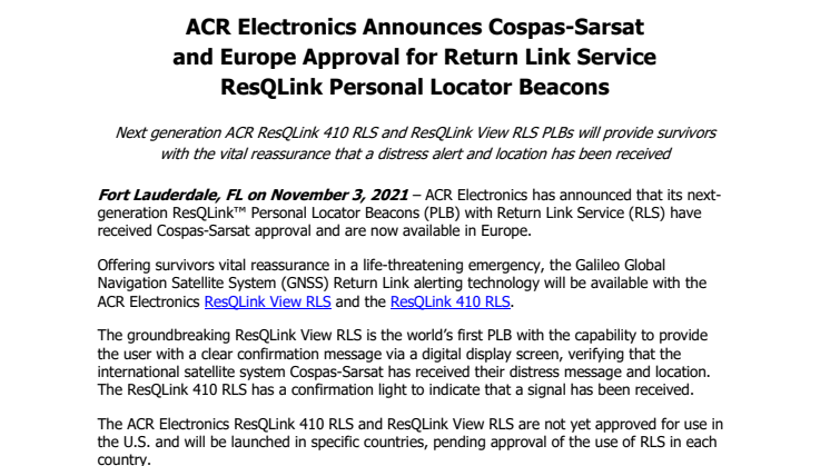 November 2021 - ACR Electronics Announces Cospas-Sarsat Aproval for Return Link Service ResQLink PLBs.US.pdf