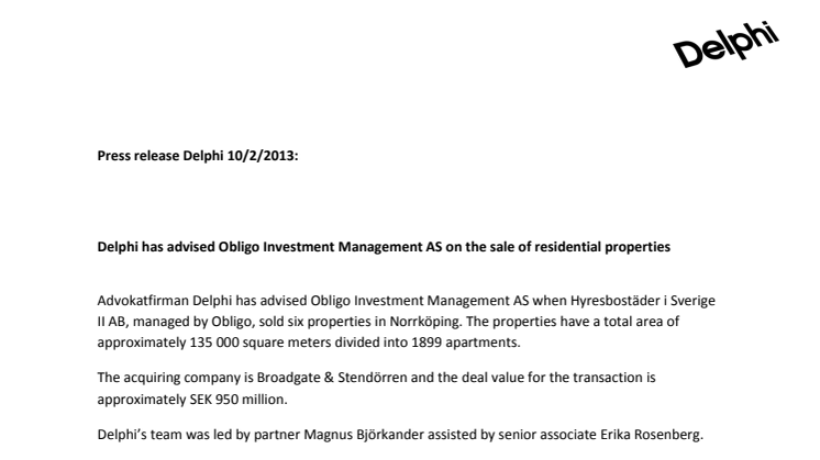 Delphi has advised Obligo Investment Management AS on the sale of residential properties