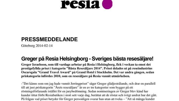 Greger på Resia Helsingborg - Sveriges bästa resesäljare!