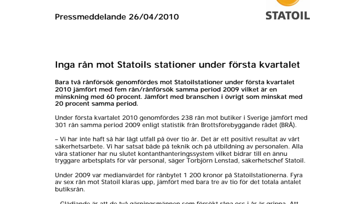 Inga rån mot Statoils stationer under första kvartalet 