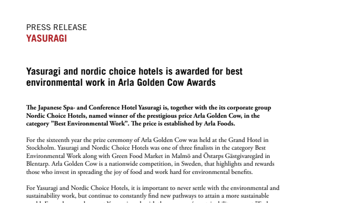 Yasuragi and Nordic Choice Hotels is awarded for best environmental work in Arla Golden Cow Awards
