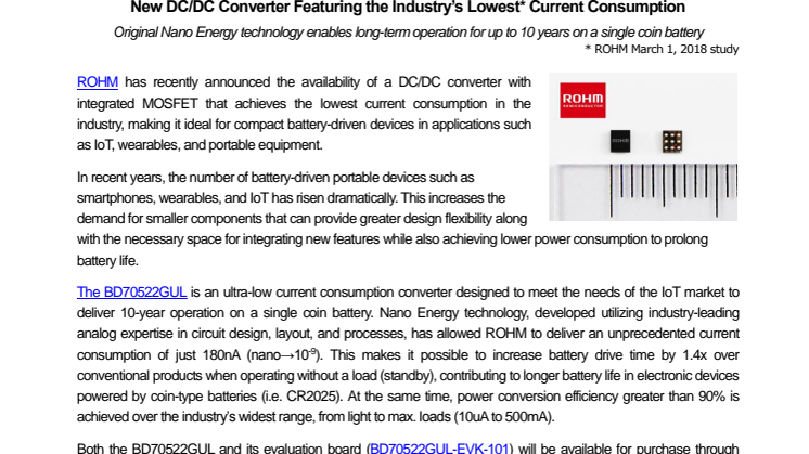 New DC/DC Converter Featuring the Industry’s Lowest Current Consumption---Original Nano Energy technology enables long-term operation for up to 10 years on a single coin battery