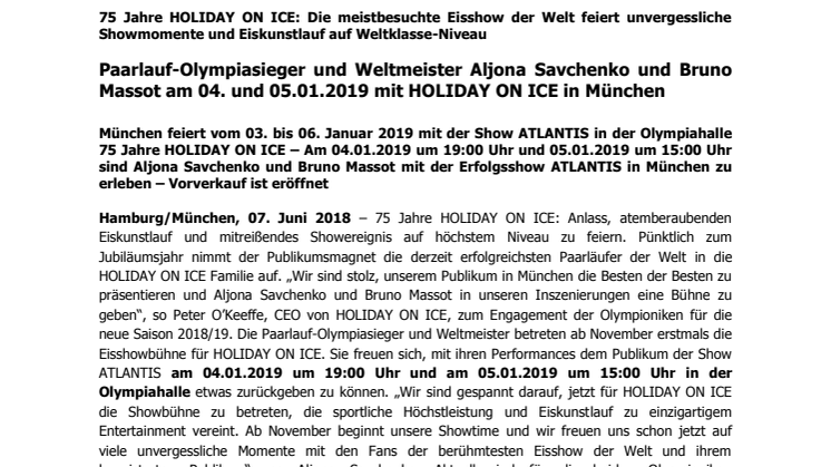 Paarlauf-Olympiasieger und Weltmeister Aljona Savchenko und Bruno Massot am 04. und 05.01.2019 mit HOLIDAY ON ICE in München