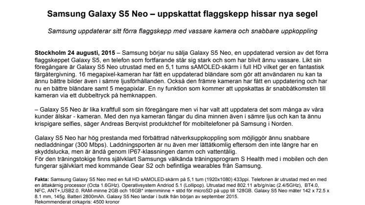 Samsung Galaxy S5 Neo - uppskattat flaggskepp hissar nya segel