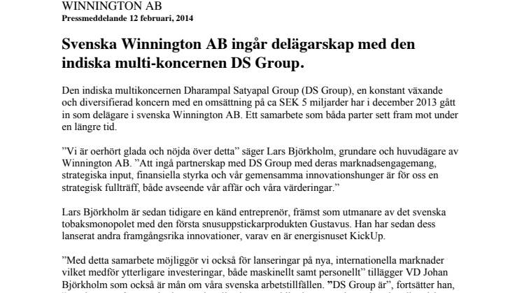 Svenska Winnington AB ingår delägarskap med den indiska multi-koncernen DS Group.