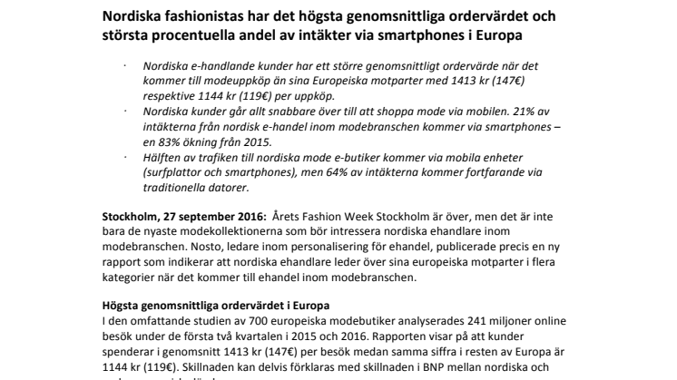 ​Nordiska fashionistas har det högsta genomsnittliga ordervärdet och största procentuella andel av intäkter via smartphones i Europa