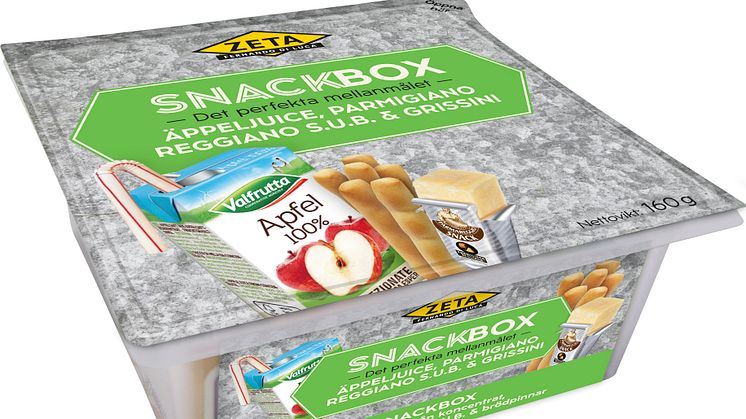 Zeta Snackbox innehåller Parmesan samt grissini och finns i två varianter, med äppeljuice eller fruktsmoothie.