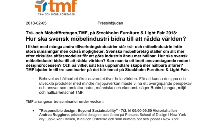 Trä- och Möbelföretagen,TMF, på Stockholm Furniture & Light Fair 2018:  Hur ska svensk möbelindustri bidra till att rädda världen?