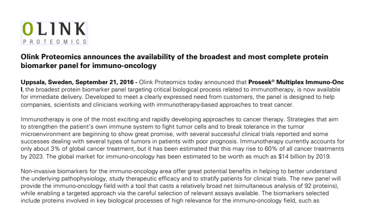Olink Proteomics announces the availability of the broadest and most complete protein biomarker panel for immuno-oncology