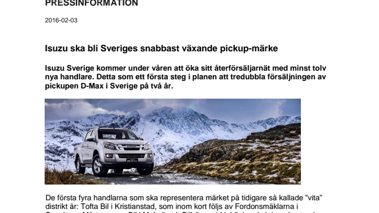 Isuzu ska bli Sveriges snabbast växande pickup-märke