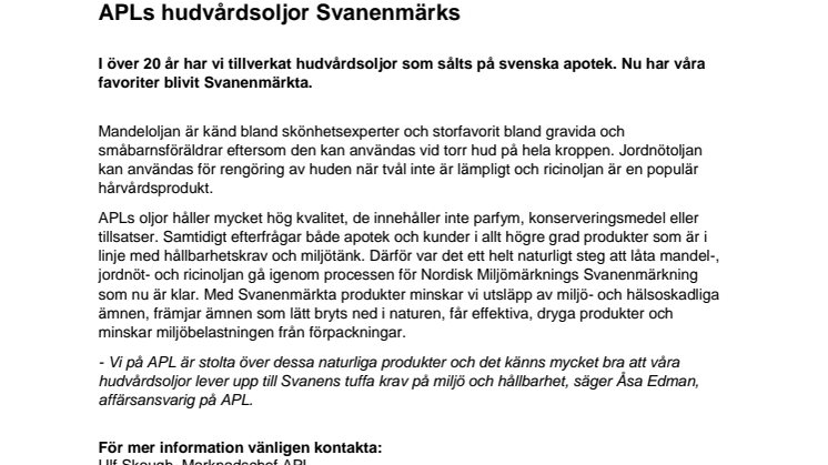 APLs hudvårdsoljor Svanenmärks
