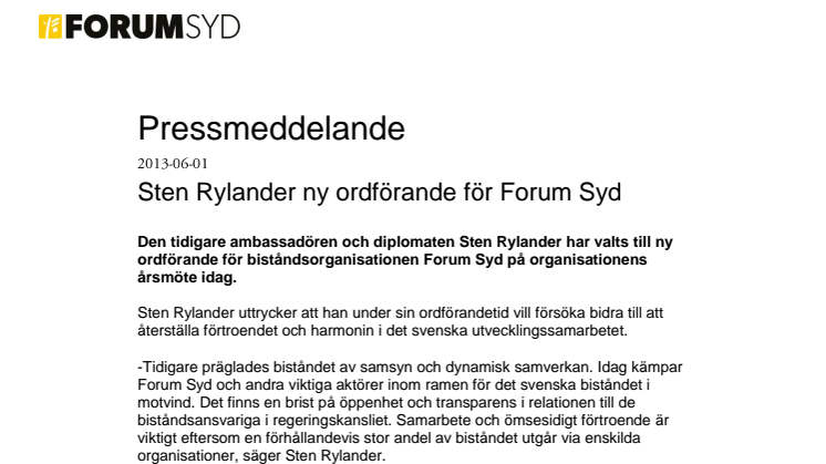 Sten Rylander ny ordförande för Forum Syd