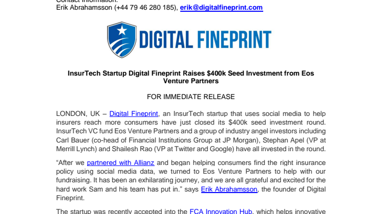 InsurTech Startup Digital Fineprint Raises $400k Seed Investment from Eos  Venture Partners