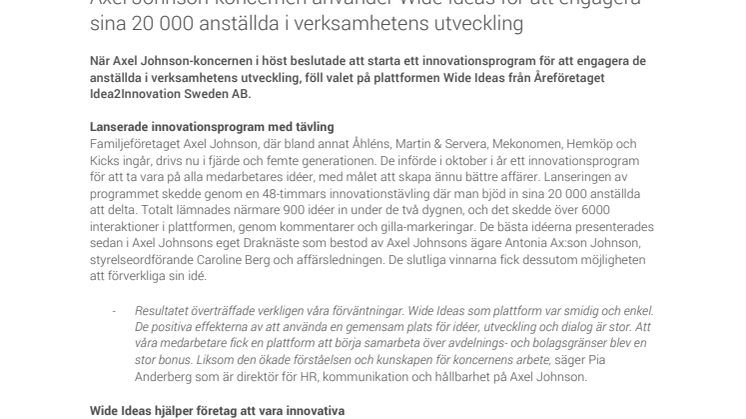 Axel Johnson-koncernen använder Wide Ideas för att engagera sina 20 000 anställda i verksamhetens utveckling
