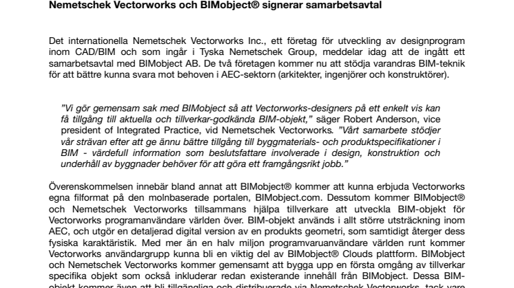 Nemetschek Vectorworks och BIMobject® signerar samarbetsavtal